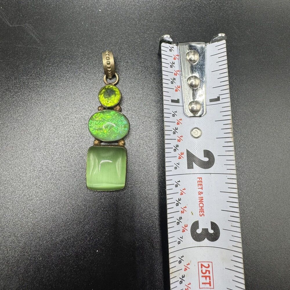 Vintage .925 Silver Necklace Pendant With 3 Green Stones Gems 2 1/4” Long